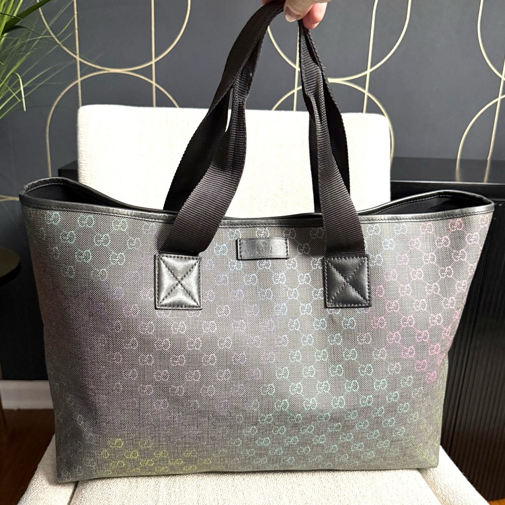 Gucci authentic large tote bag grey black canvas rainbow multicolor GG